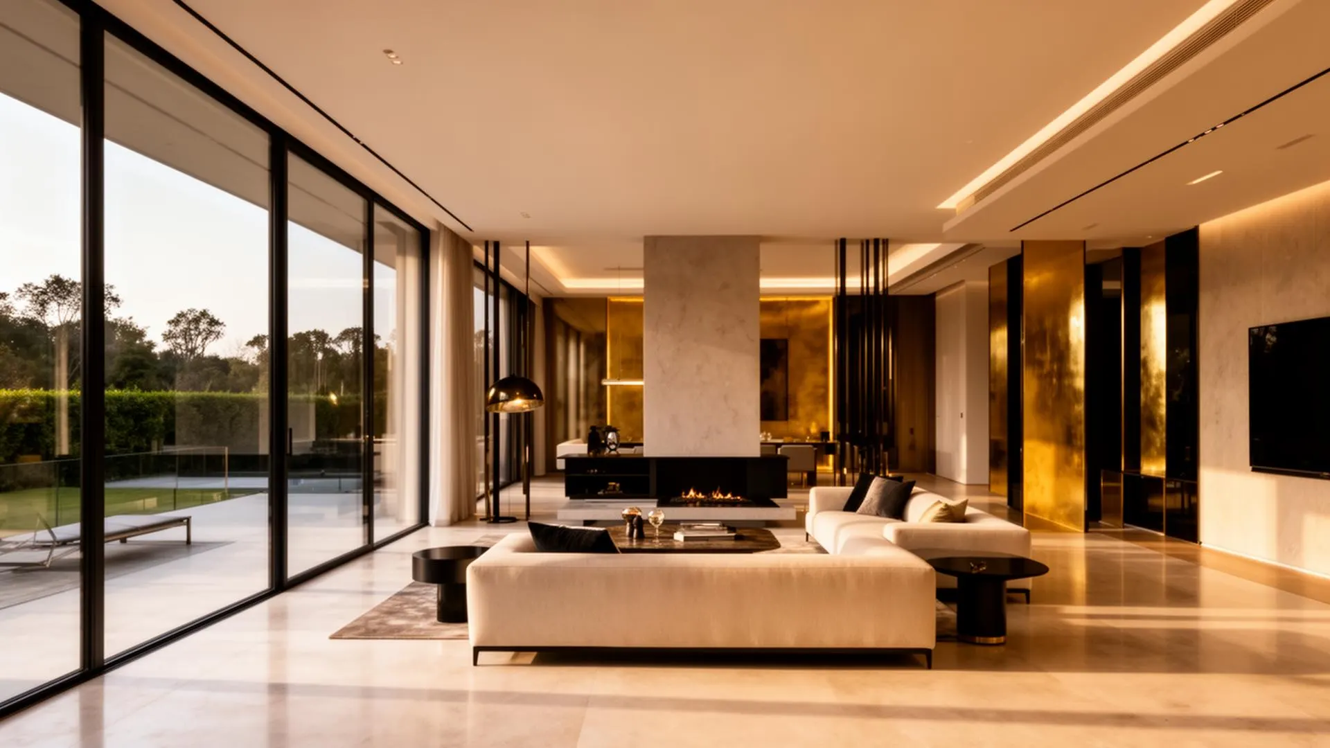 Luxury contemporary villa interior with steel-frame architecture