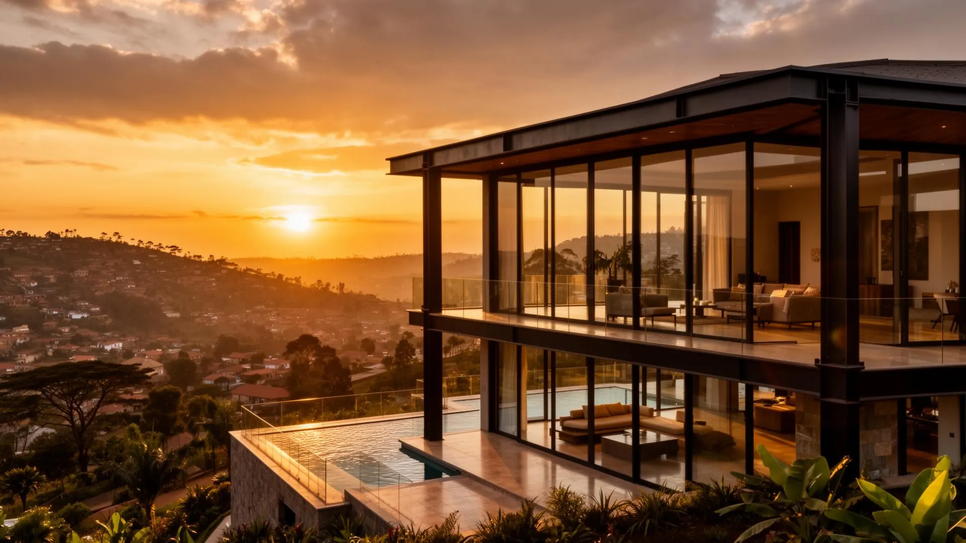Luxury steel-frame villa overlooking Kigali at sunset
